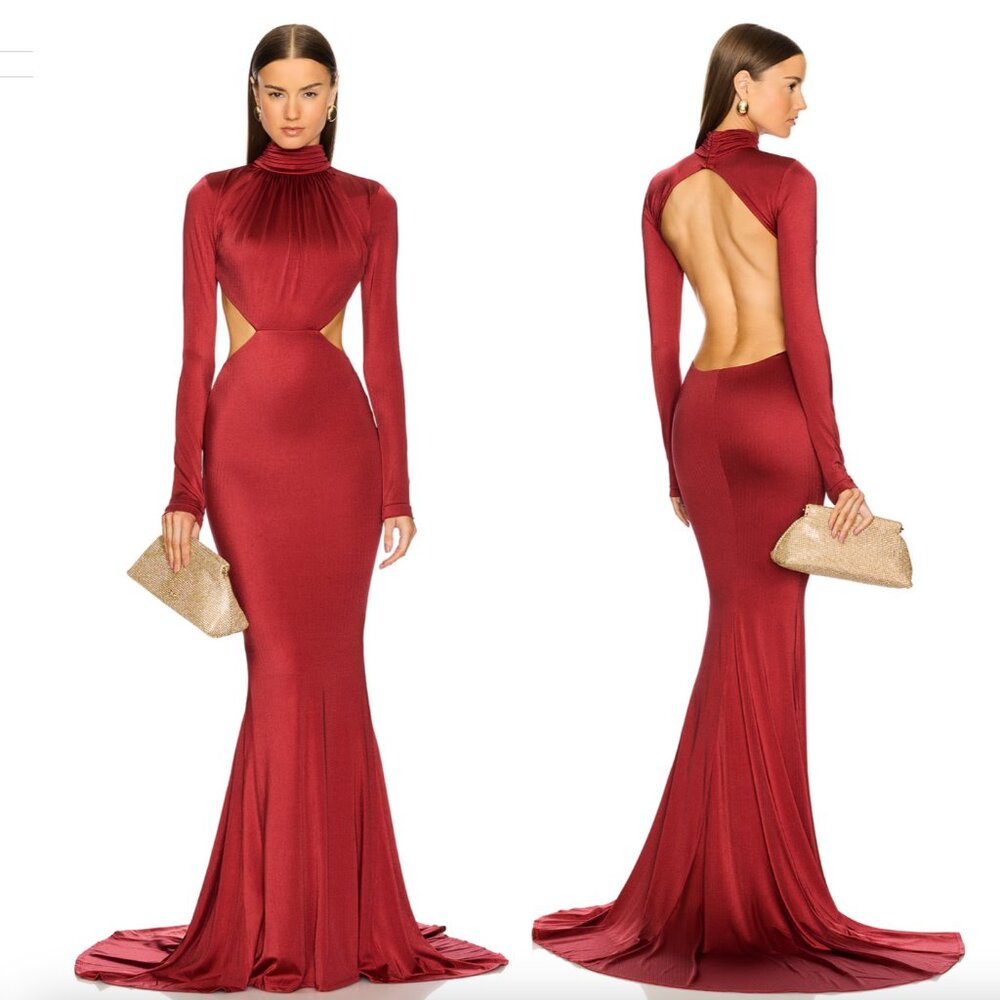Michael Costello x REVOLVE Salima Gown Red Backless Long Sleeve Maxi Dress